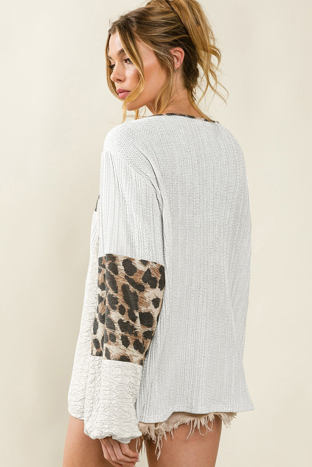 Leopard Textured Color Block Pullover