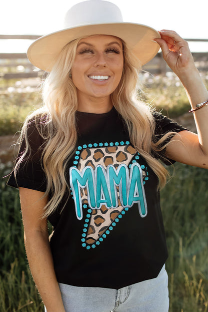 Black Casual MAMA Leopard Lightening Graphic Tee