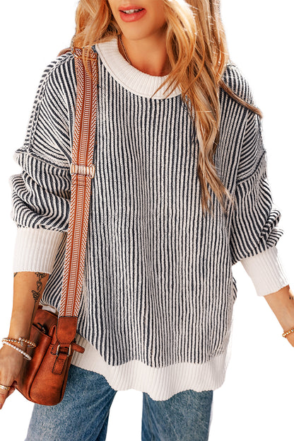 Black Striped Contrast Trim Loose Sweater