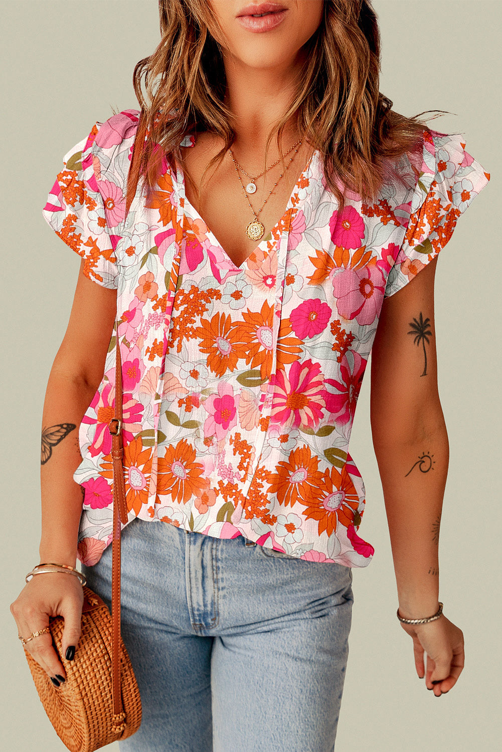 Multicolor Floral Print Ruffled Sleeve Split V Neck Peasant Top