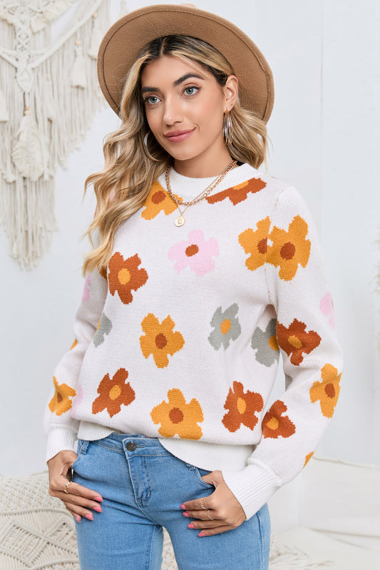 White Sweet Flower Knitted Ribbed Hem Sweater