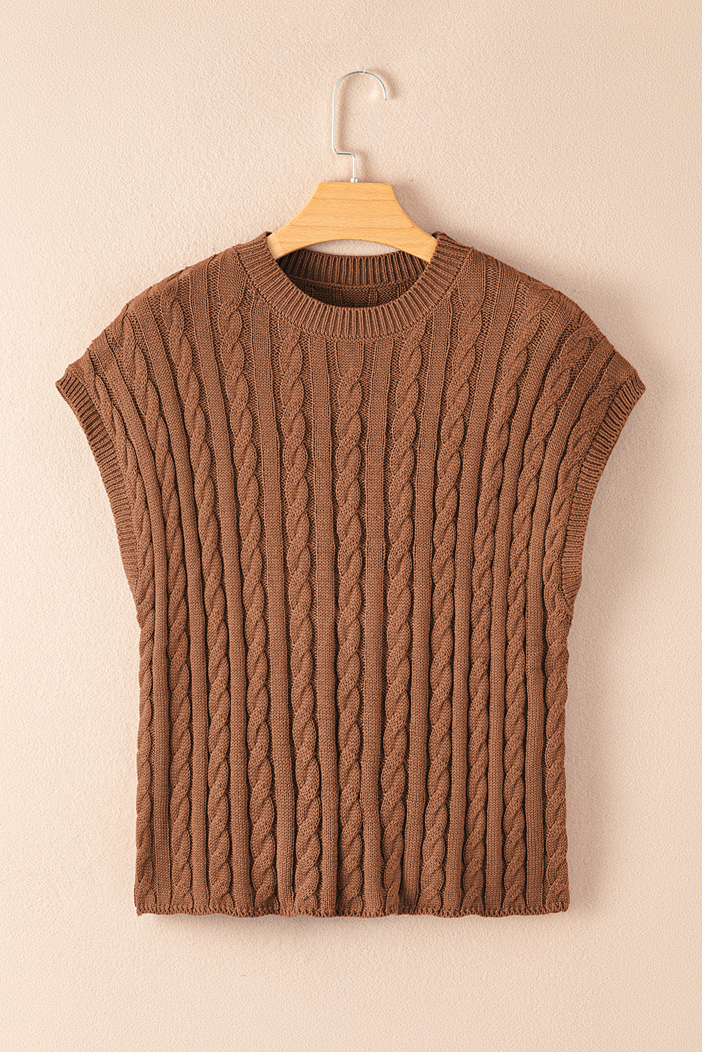 Black Crew Neck Cable Knit Short Sleeve Sweater