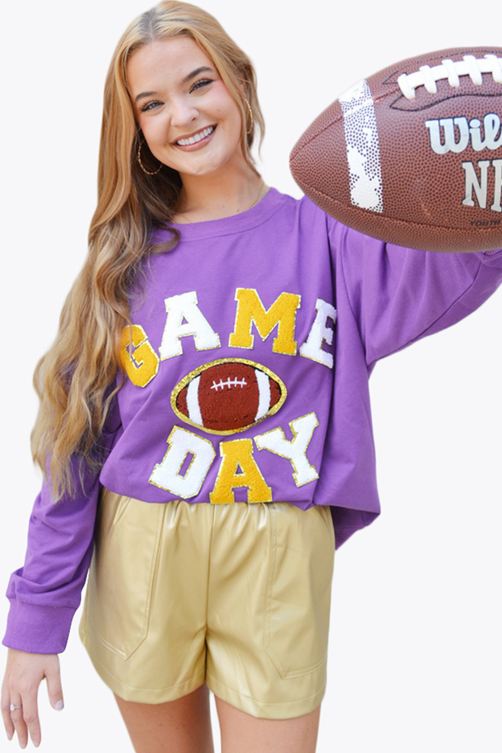 Tillandsia Purple GAME DAY Rugby Chenille Embroidered Pullover Sweatshirt