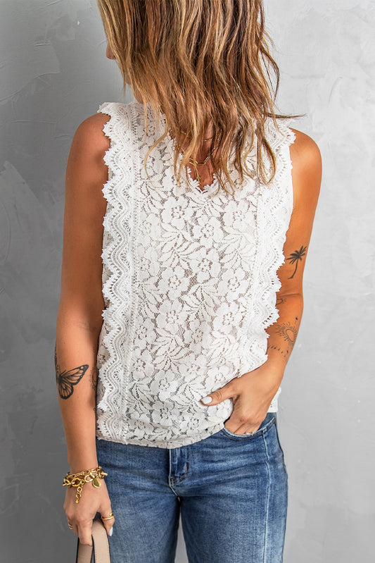 White V Neck Sleeveless Lace Top for Summer