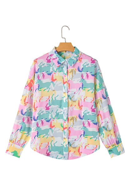 White Colorful Horse Print Long Sleeve Shirt