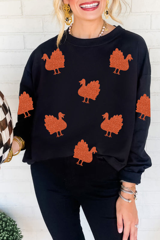 Black Glittering Turkey Graphic Drop Shoulder Thanksgiving Sweatshirt