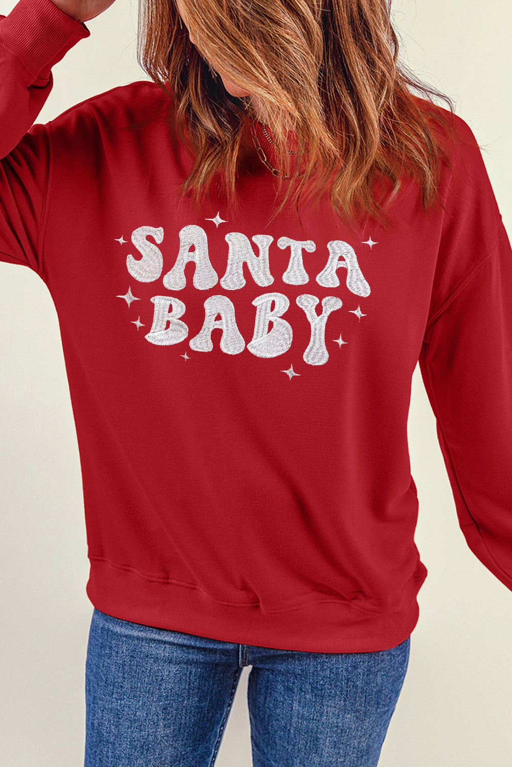 Red SANTA BABY Embroidered Crewneck Christmas Sweatshirt