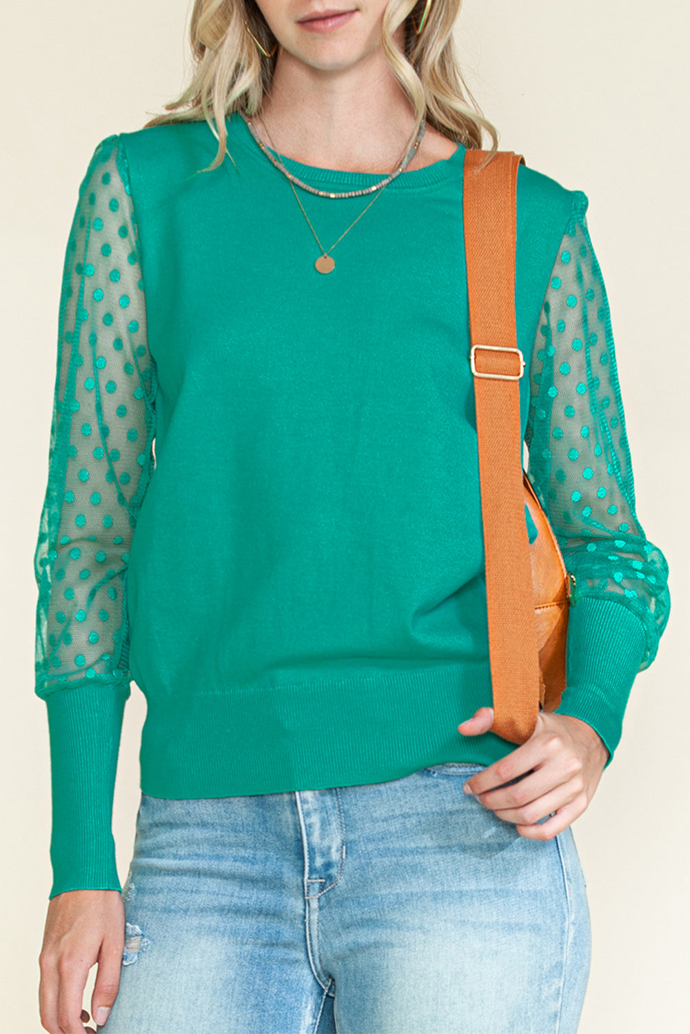 Green Dotted Mesh Puff Sleeve Top