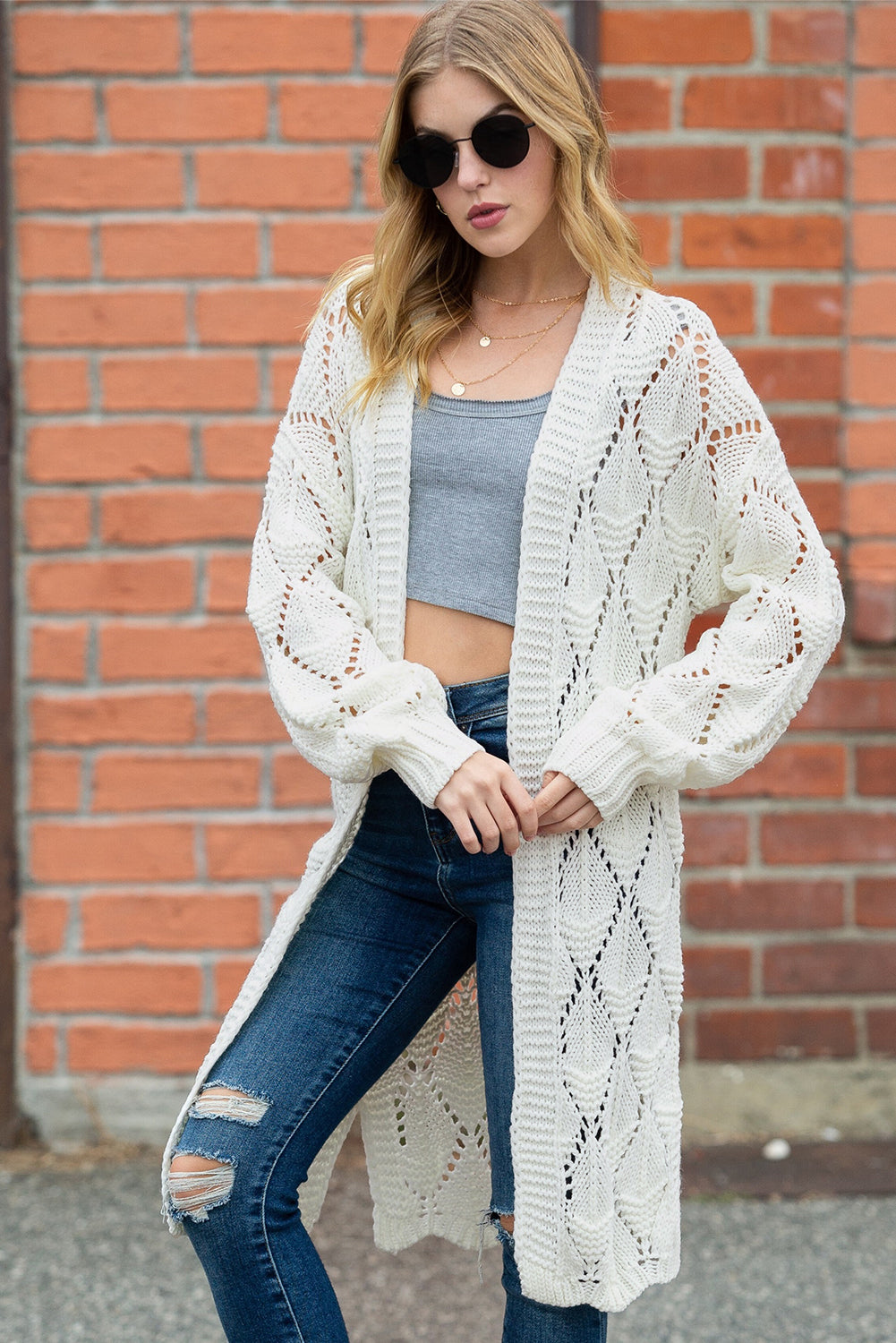 White Crochet Knit Hollowed Open Front Cardigan