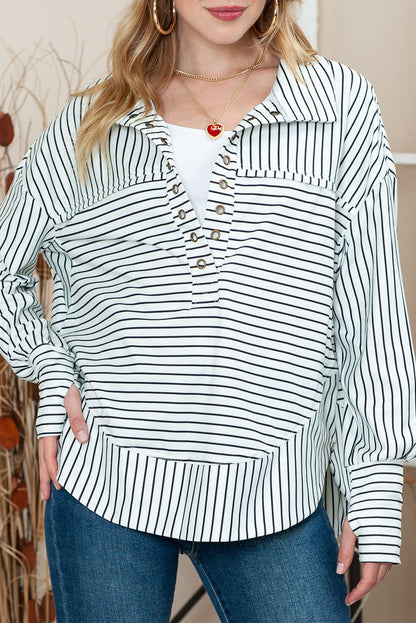 White and Black Striped Grommet Collared Thumbhole Long Sleeve Top