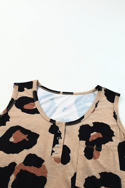 Cheetah Button Neck Casual Chest Pocket Tank Top