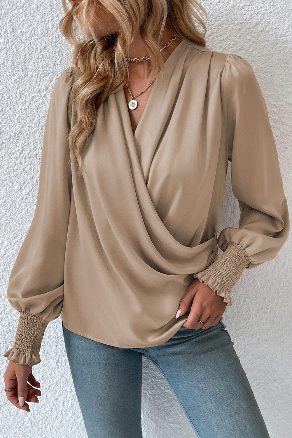 Black Basic Drape V Neck Long Sleeve Women Blouse