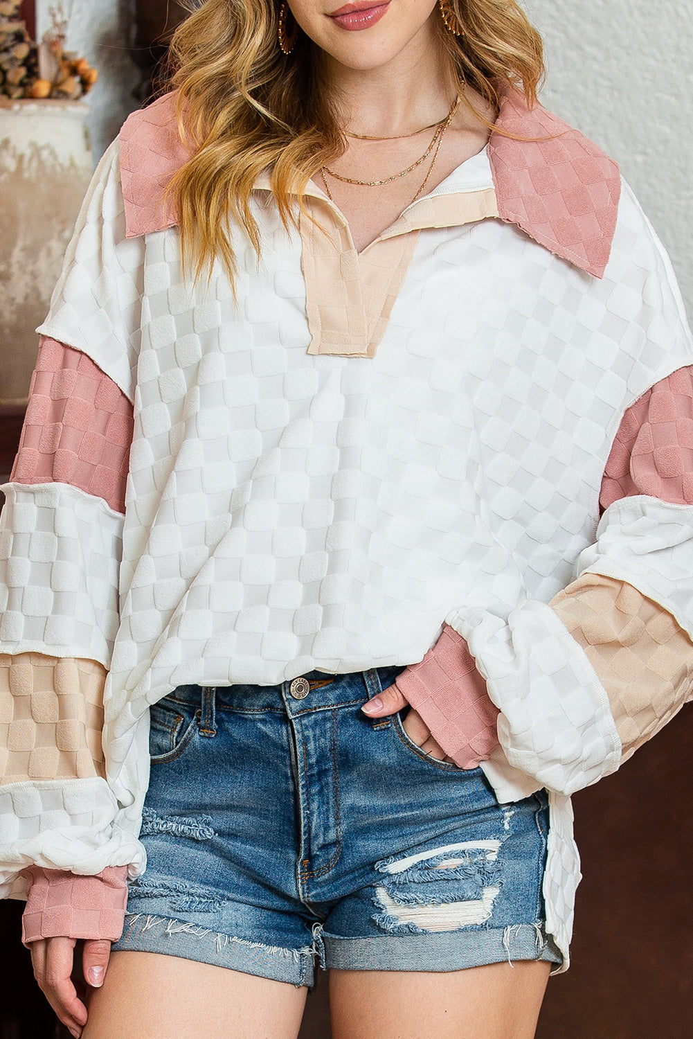 White Patchwork Lantern Sleeve Collared Top