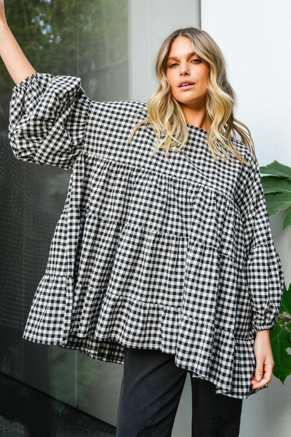 Black Plaid Drop Sleeve Tiered Oversized Blouse