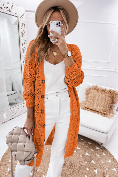 Khaki Button Up Hollow Out Loose Long Cardigan