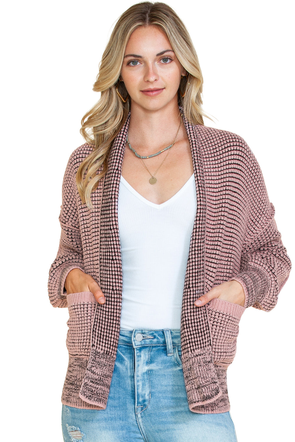 Apricot Chunky Knit Pockets Drop Sleeve Cardigan