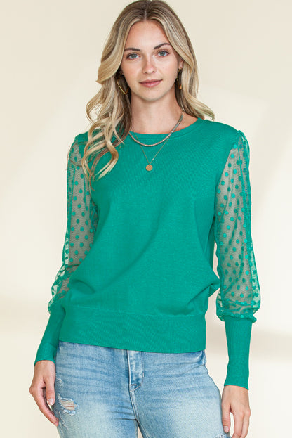 Green Dotted Mesh Puff Sleeve Top