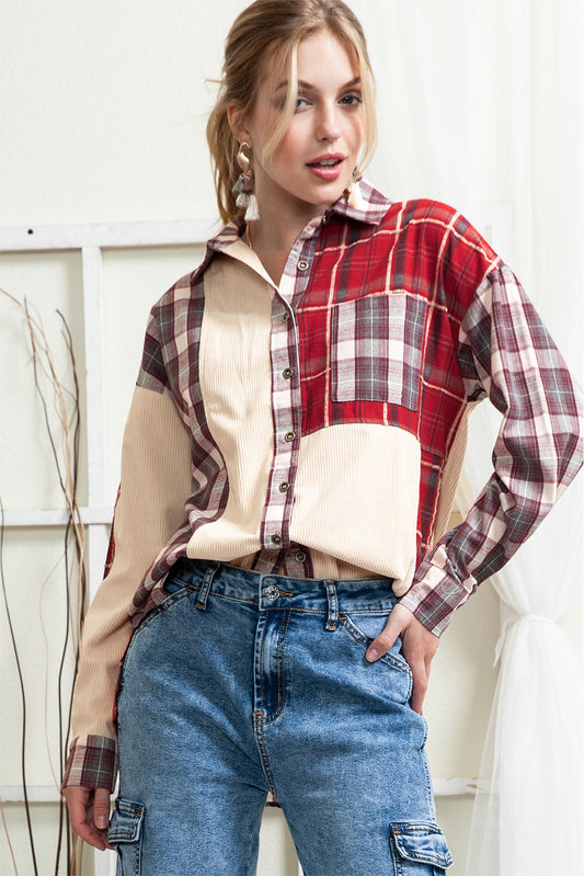 Red Plaid Color Block Pocket Patchwork Corduroy Shacket