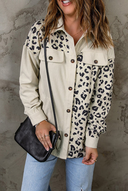 Apricot Leopard Print Pocketed Corduroy Shacket