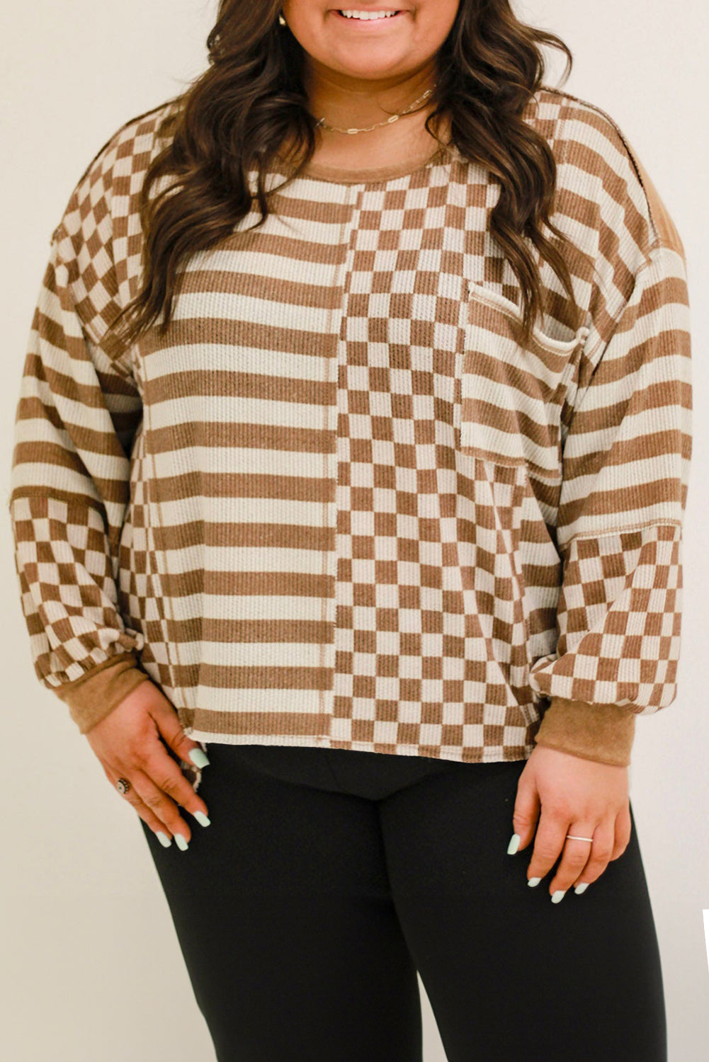 Khaki Striped Checkered Patchwork Ribbed Plus Size Top