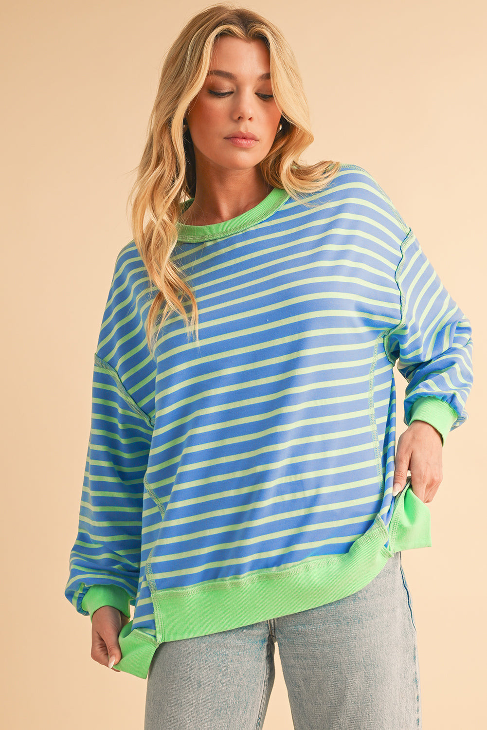 Sky Blue Stripe Contrast Trim High Low Tunic Sweatshirt