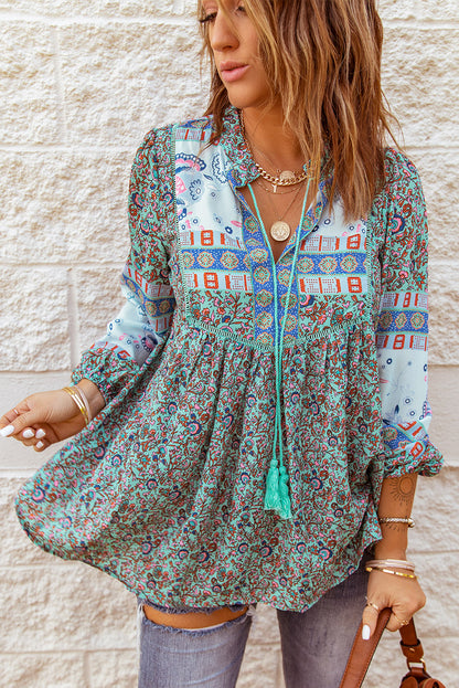 Floral Print Split V Neck Puff Sleeve Tunic Top