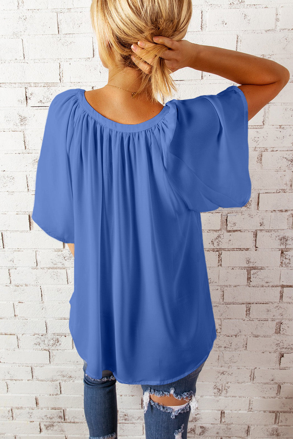 Green Casual Split Neck Pleated Loose Blouse