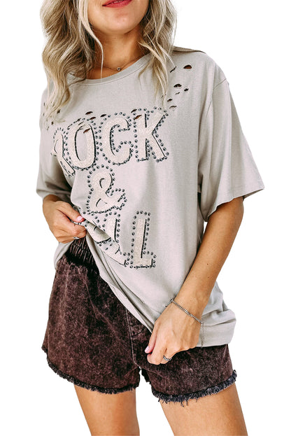 Gray Rock & Roll Graphic Ripped Oversized Tee