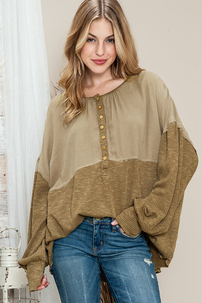 Khaki Ribbed Patchwork Bishop Sleeve Henley Top