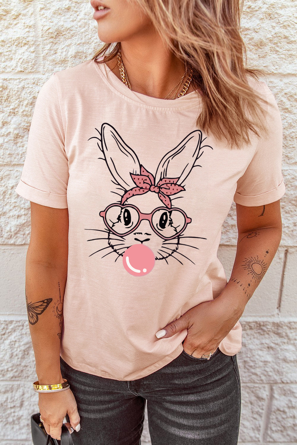 Pink Easter Day Bunny Graphic Crew Neck Tee