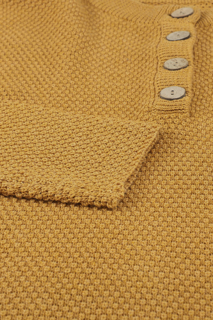 Yellow Drop Shoulder Henley Pullover Sweater With Slits