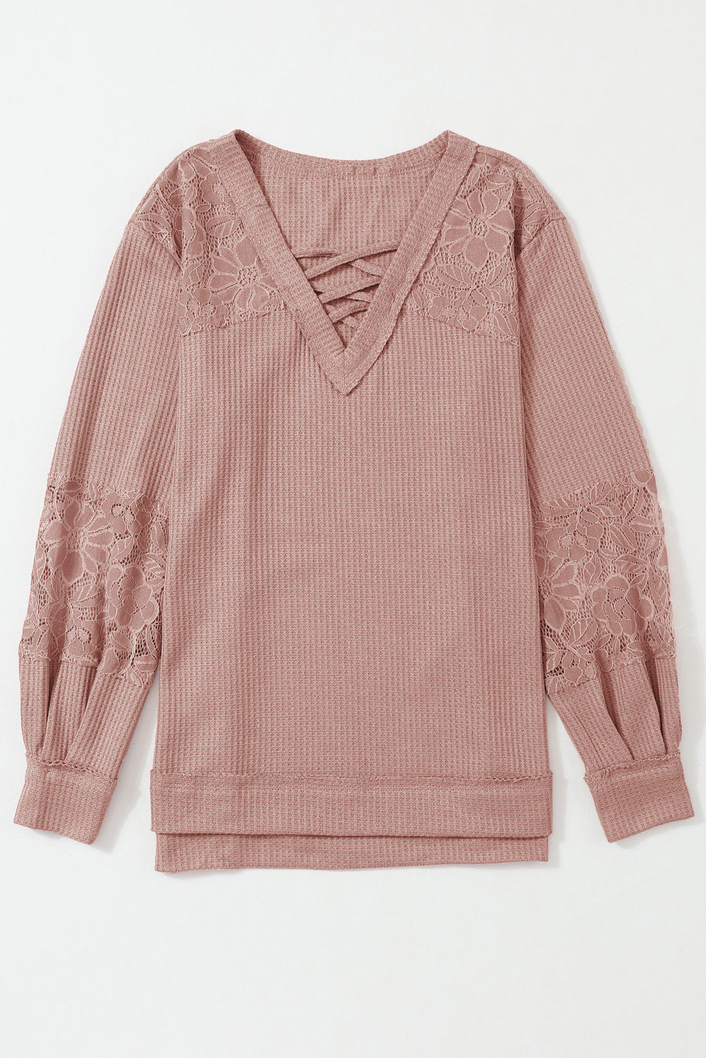 Pink Lace Waffle Knit Crisscross Straps V Neck Long Sleeve Top