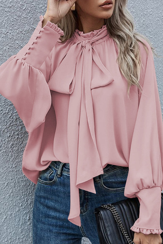 Pink Frilled Knotted Mock Neck Bishop Sleeve Blouse