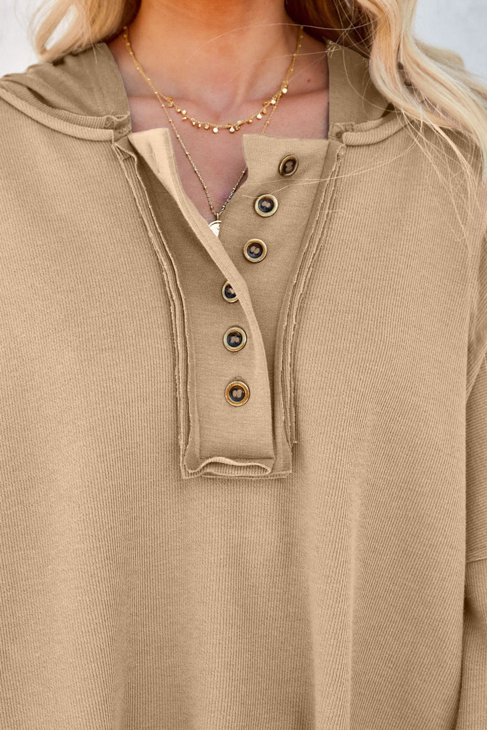 Pink Casual Button Patchwork Trim Hoodie