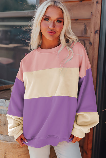 Bright Pink Colorblock Drop Shoulder Sweatshirt