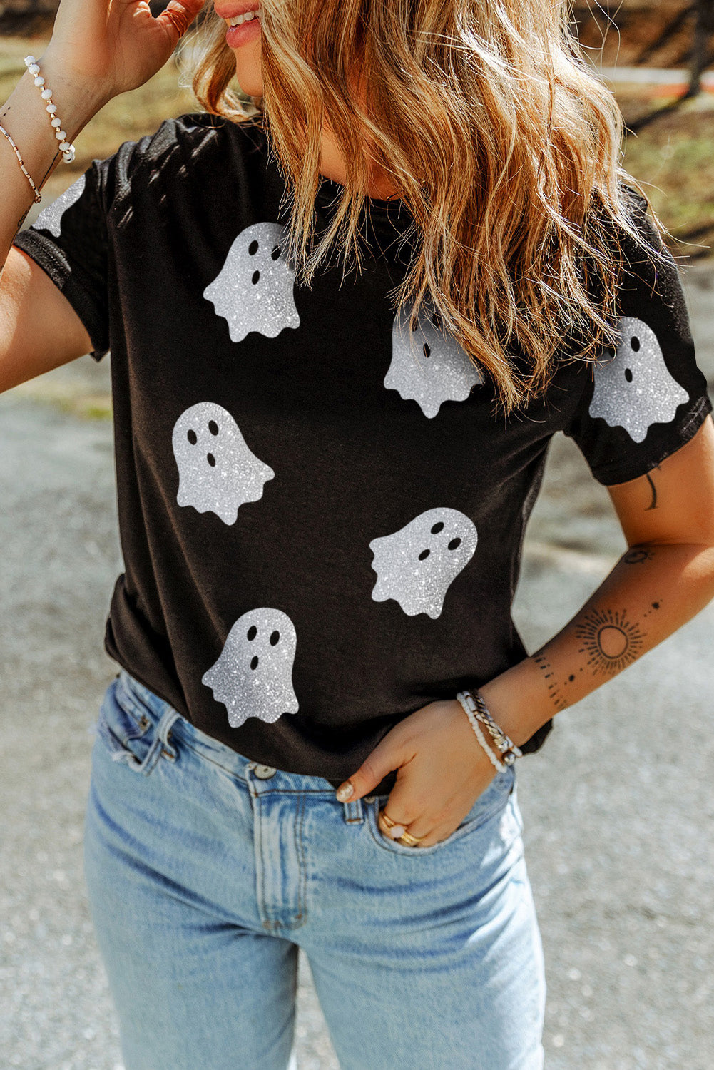 Black Glitter Ghost Pattern Crew Neck Halloween Graphic T Shirt