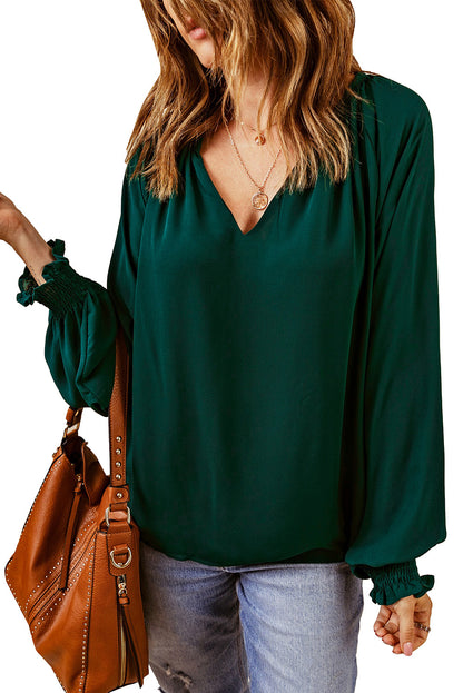 Rose Pleated V Neck Puffy Sleeve Blouse