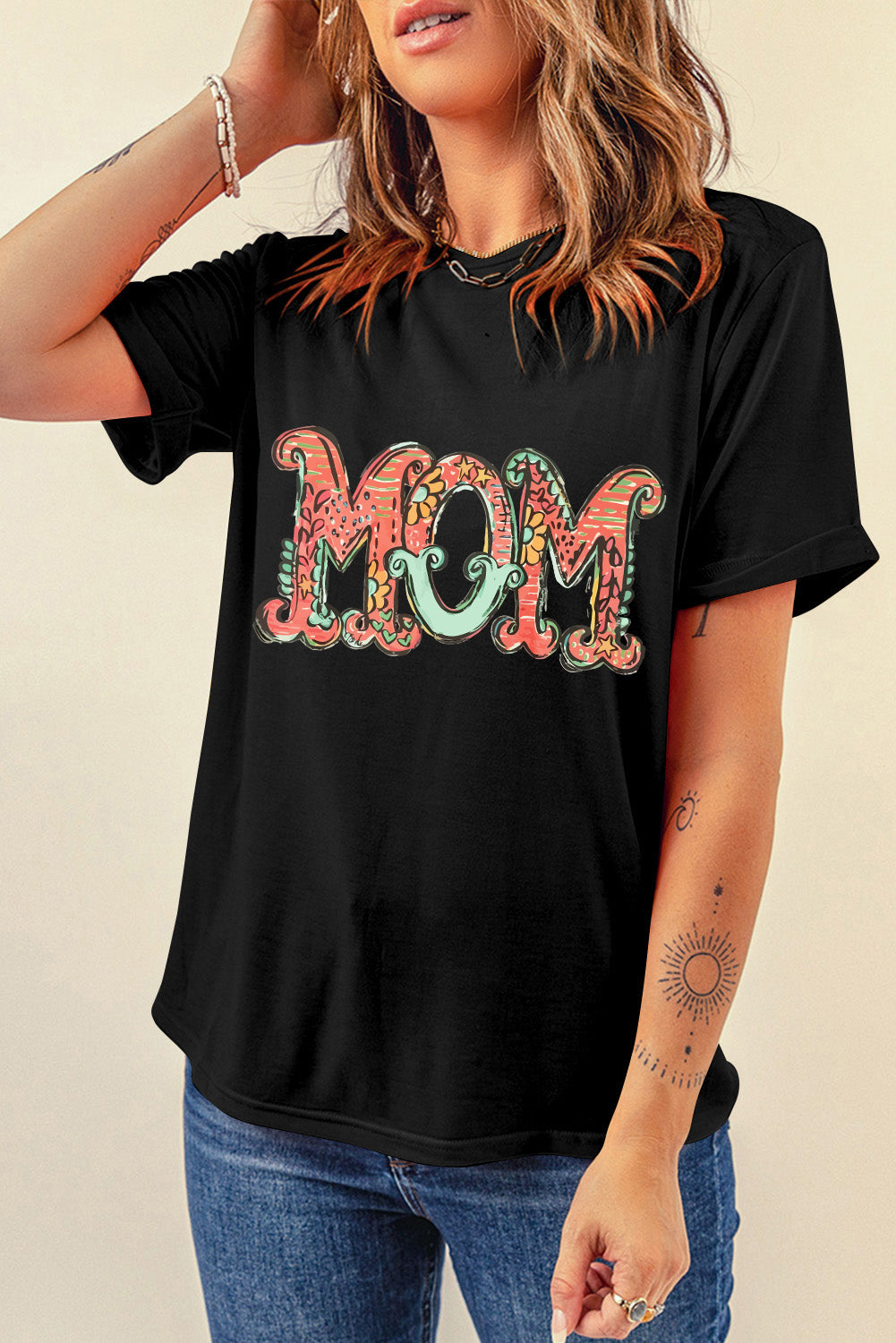 Black Floral MOM Graphic Crew Neck T Shirt