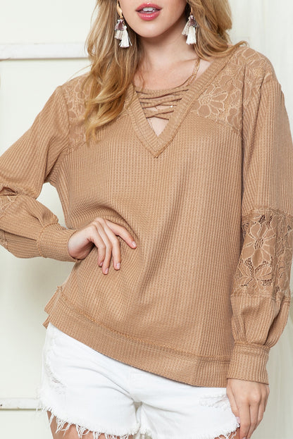 Pink Lace Waffle Knit Crisscross Straps V Neck Long Sleeve Top