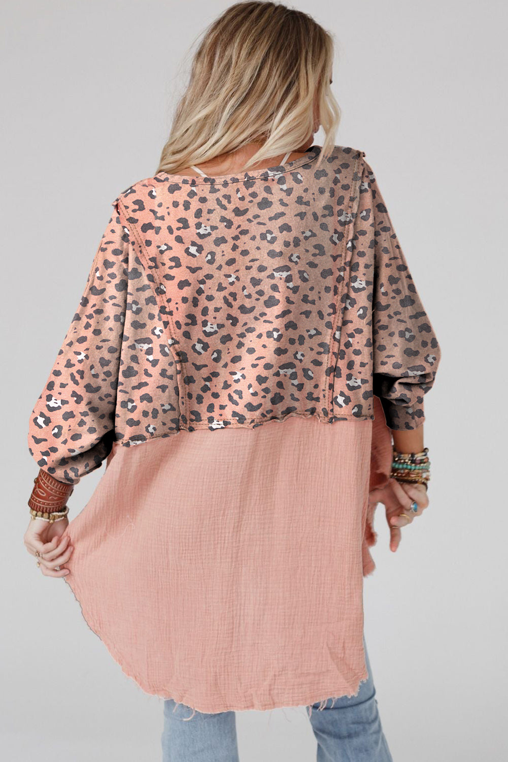 Gray Raw Edge Leopard Patchwork Oversized Blouse