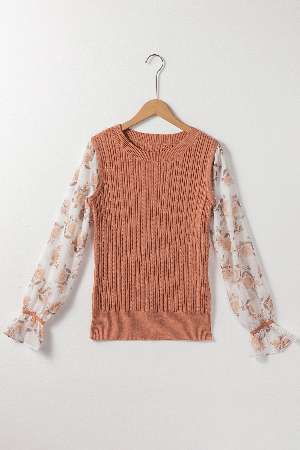 Floral Patchwork Ruffled Cuff Sleeve Cable Knit Sweater