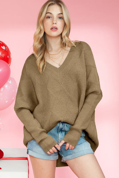 Camel Plain V Neck Batwing Sleeve Oversized Sweater