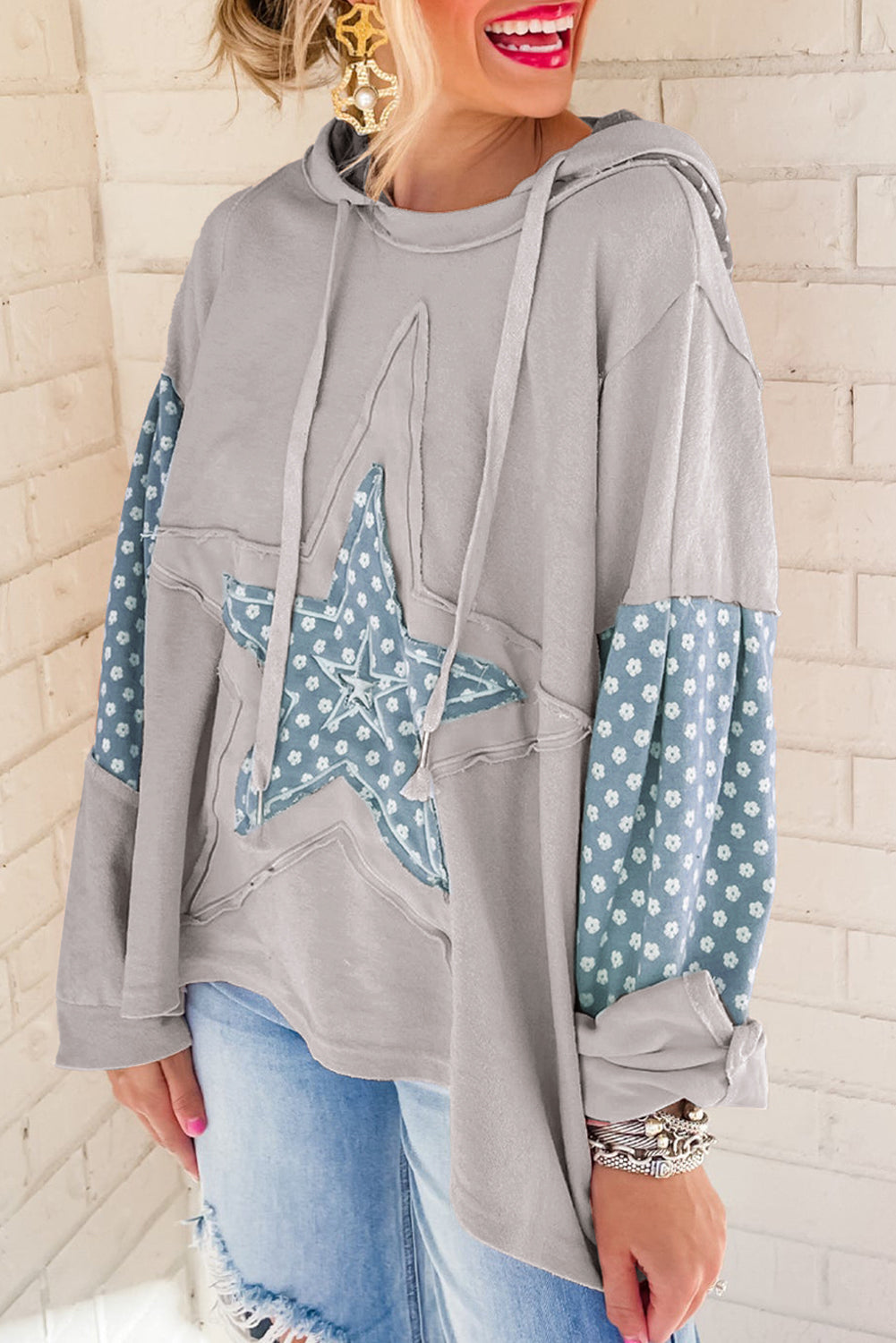 Apricot Floral Patchwork Star Pattern Drawstring Hoodie