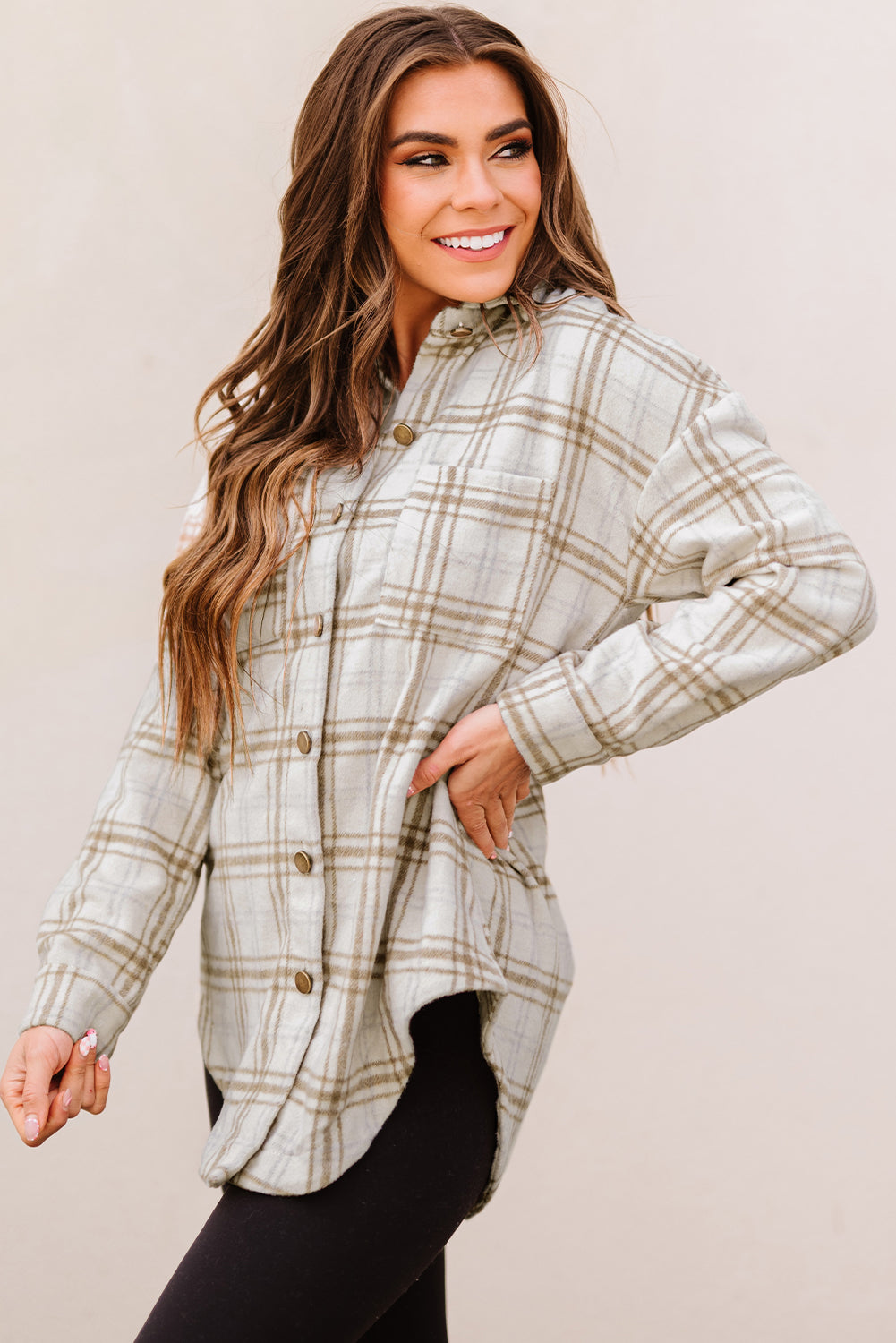 Pink Plaid Casual Button Up Shirt Shacket with Slits