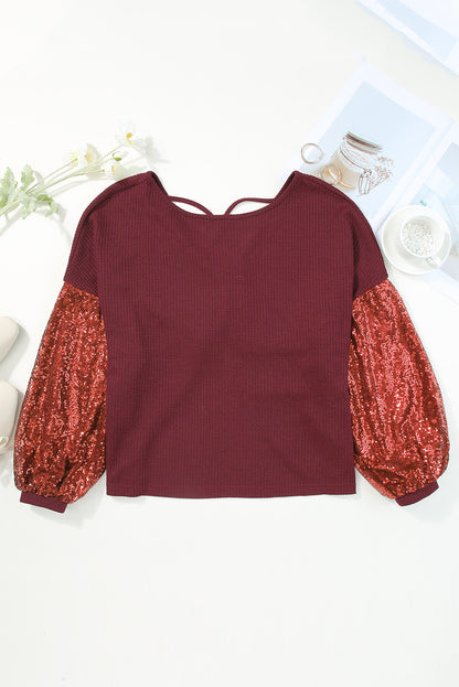 Apricot Cross Backless Sequin Bishop Sleeve Top