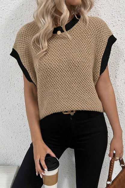 Light Beige Contrast Trim Batwing Sleeve Knitted Top