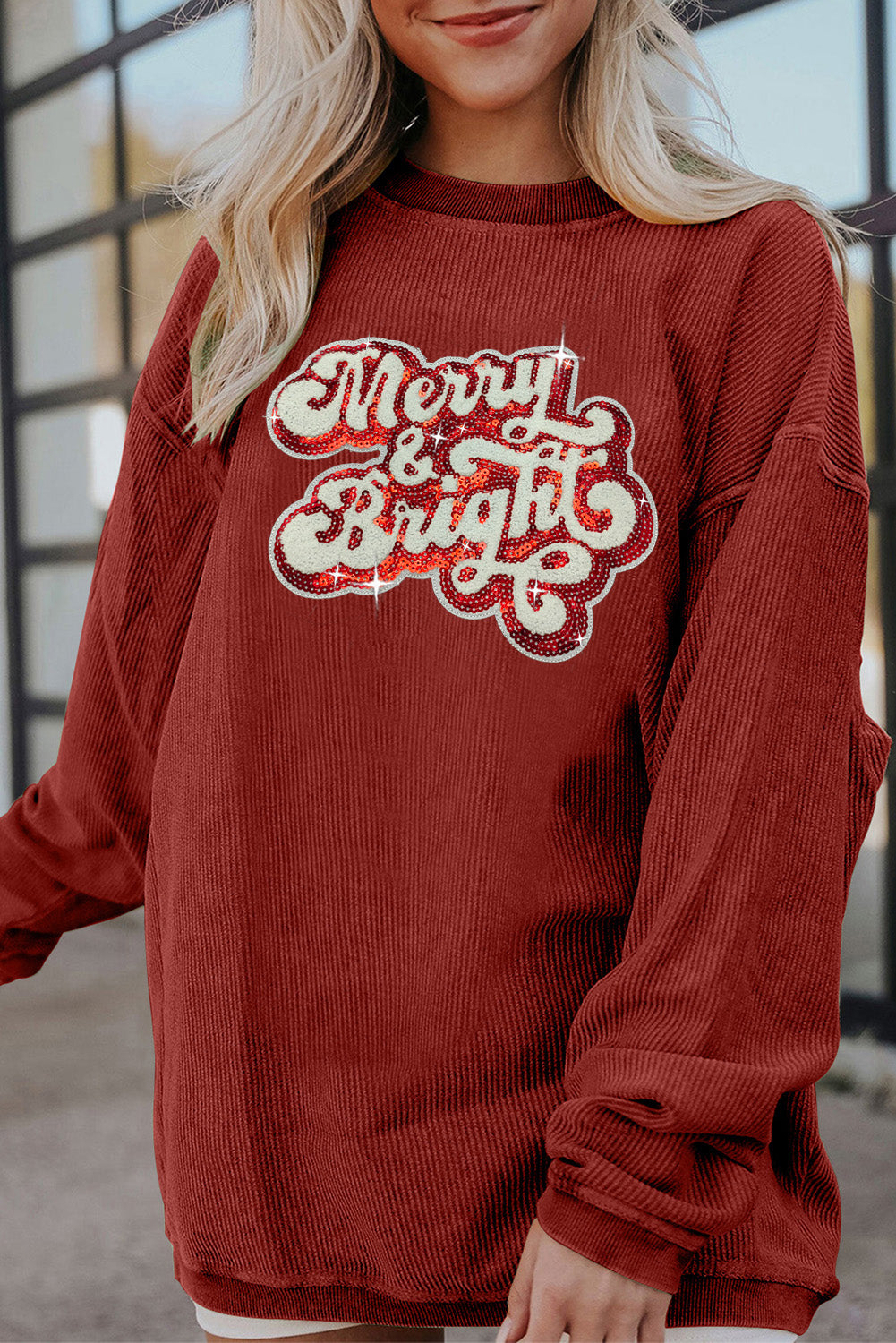 Racing Red Merry & Bright Sequin Ribbed Graphic Sweatshirt