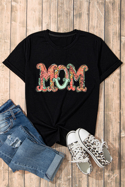 Black Floral MOM Graphic Crew Neck T Shirt