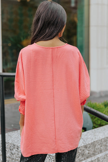 Pink Casual Shirred Cuffs Half Sleeve Top