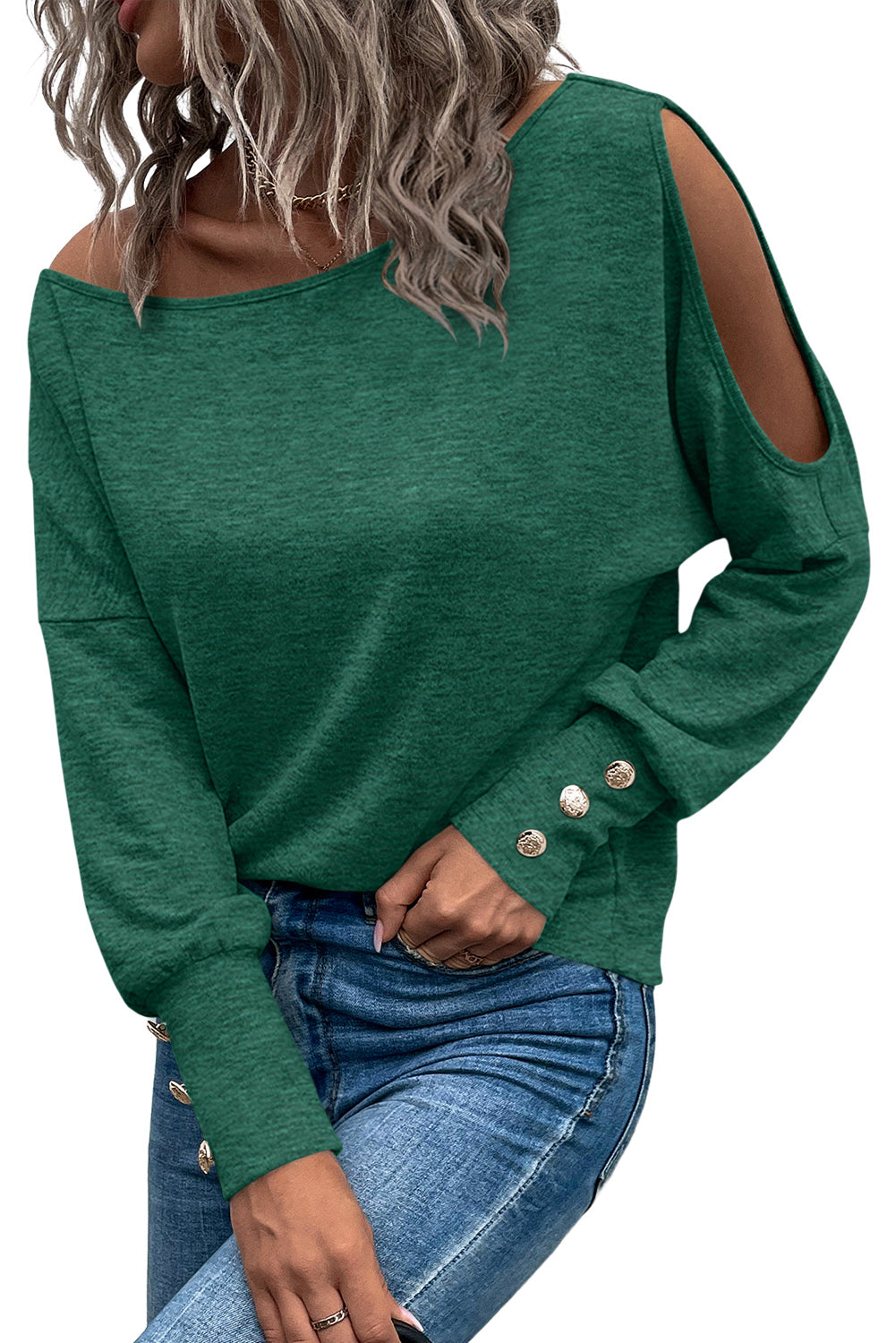 Green Boat Neck Asymmetric Cutout Long Sleeve Top